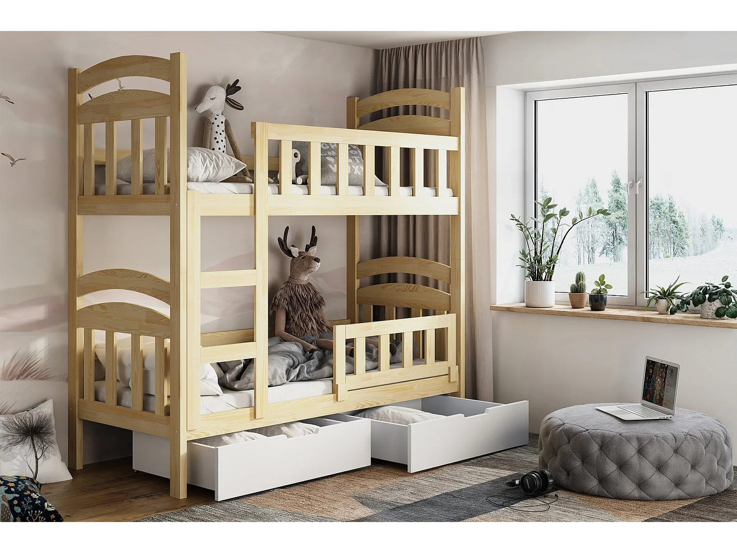 Etagenbett mit Matratzen, Eichenholzoptik, 90x200 cm - Dopio