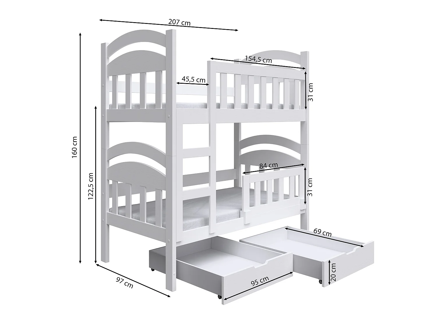 Etagenbett mit Matratzen, Eichenholzoptik, 90x200 cm - Dopio