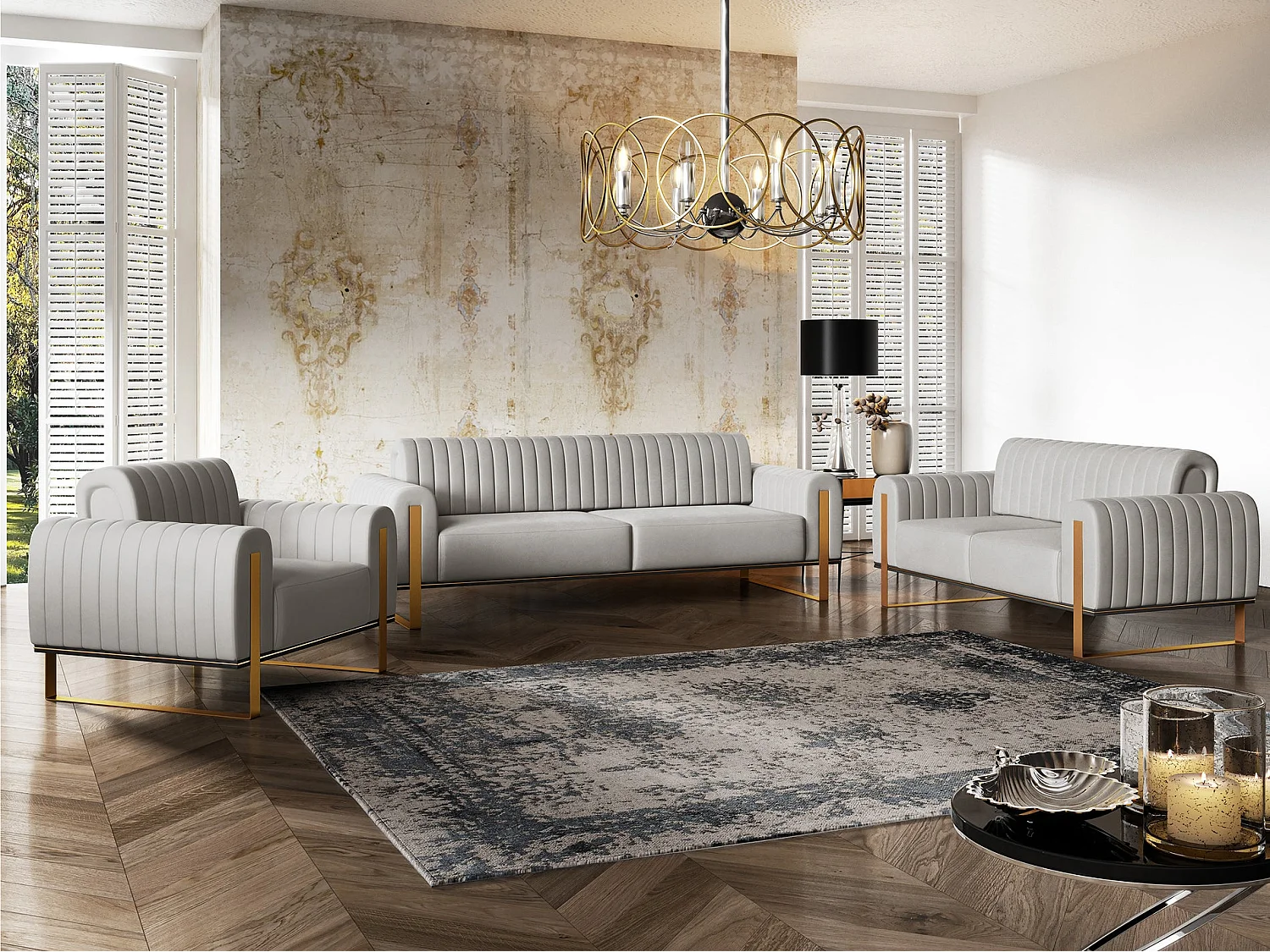 Fauteuil, velours lichtgrijs gouden poten, 106 cm – Parissa