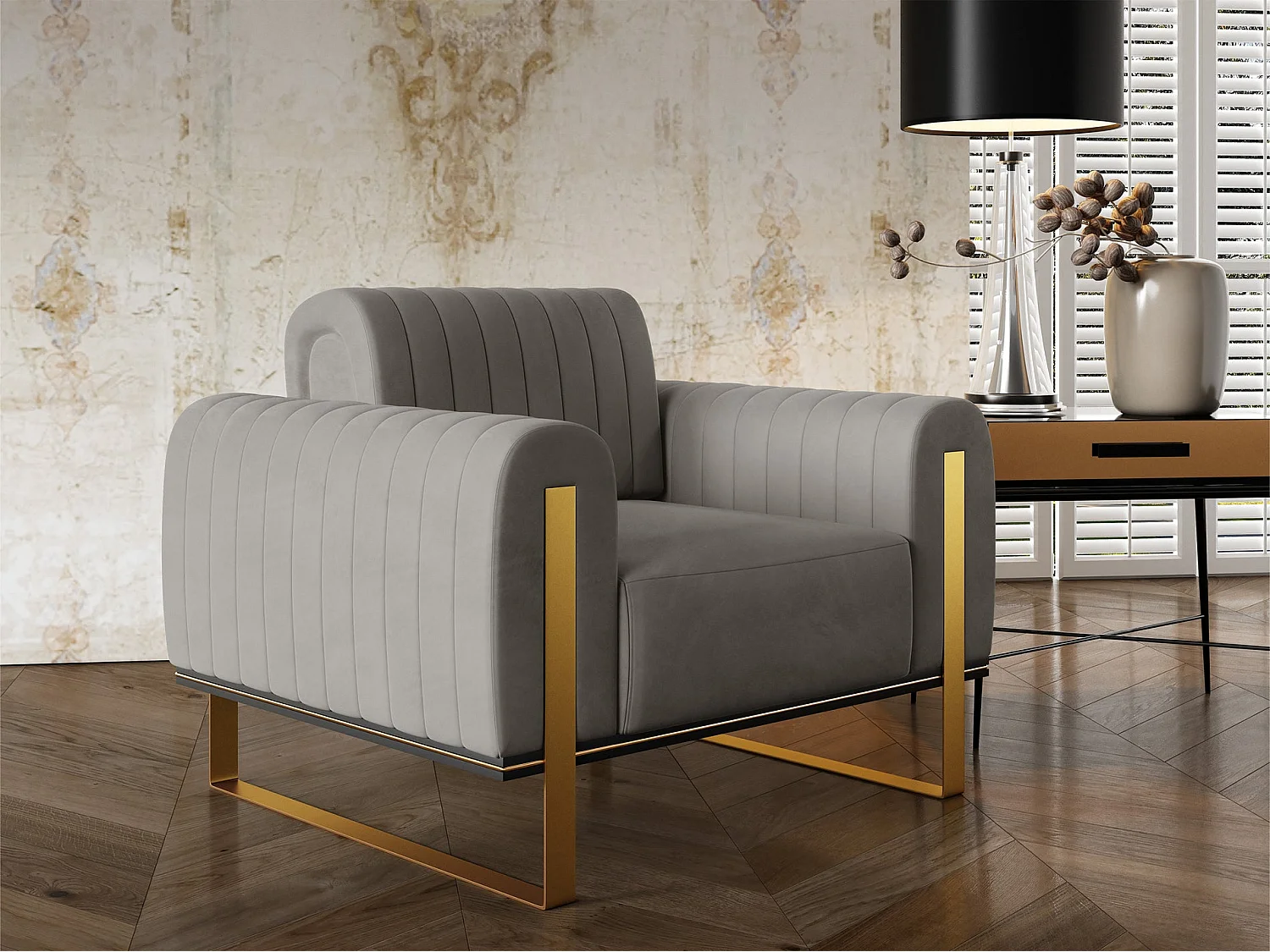 Fauteuil, velours lichtgrijs gouden poten, 106 cm – Parissa