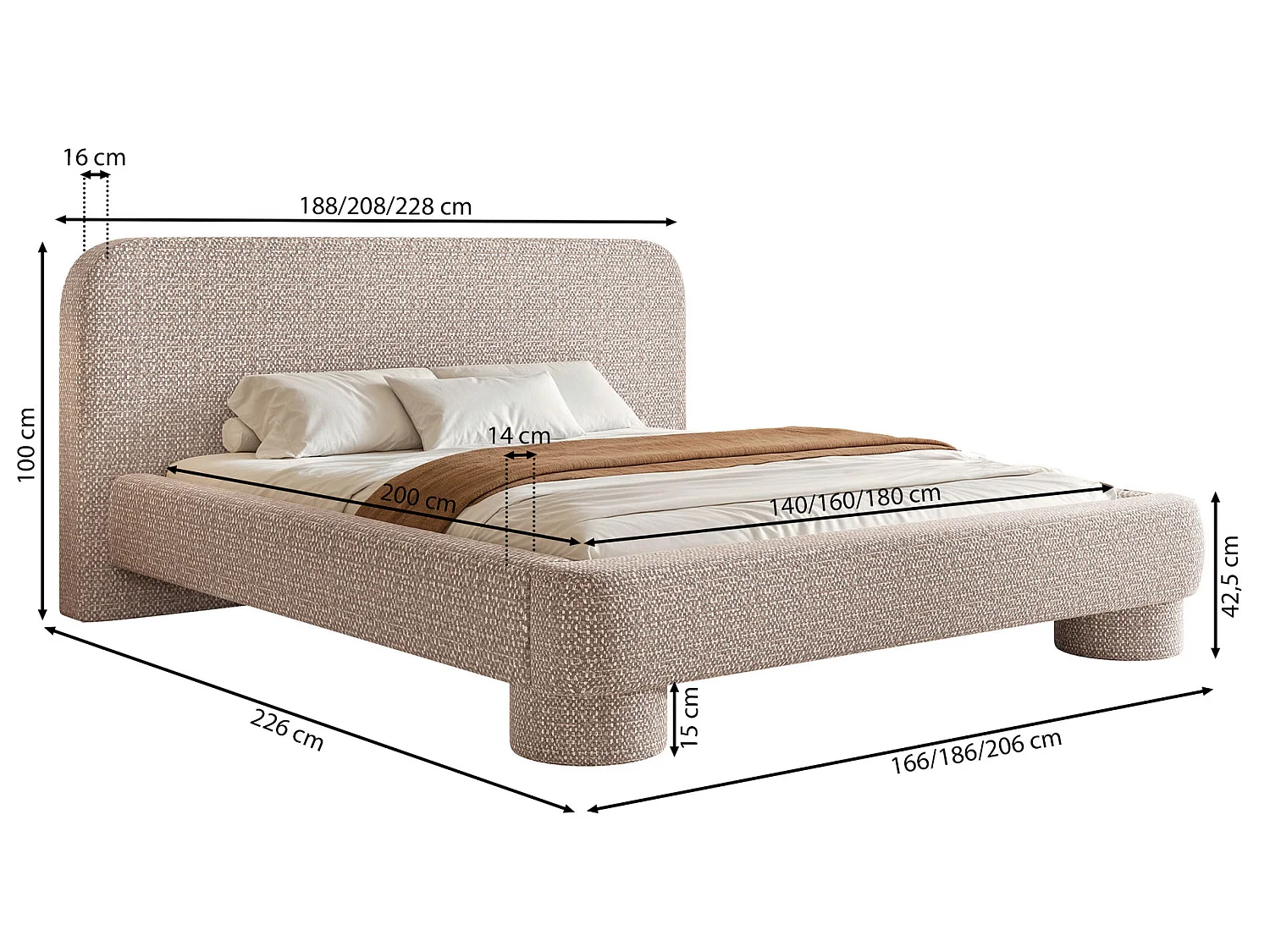 Lit rembourré avec coffre - 140x200 cm - tissu tressé Beige - Fredo