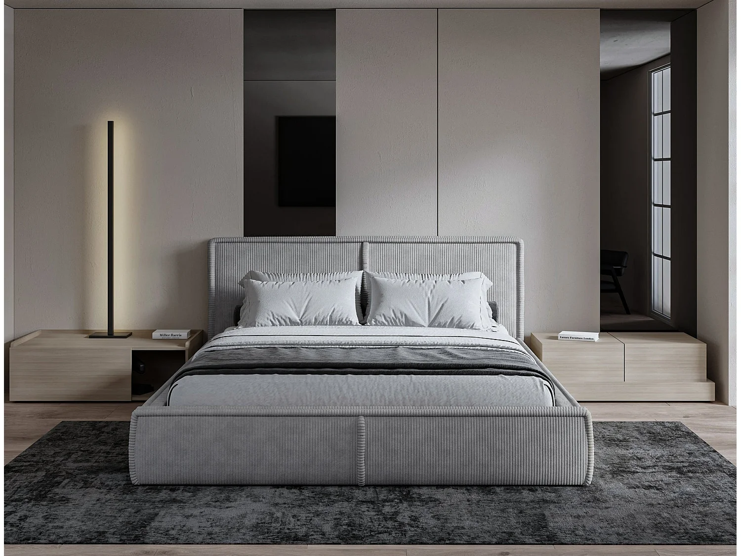 Gestoffeerd bed Cordo met opbergruimte, beige ribstof, 140x200cm