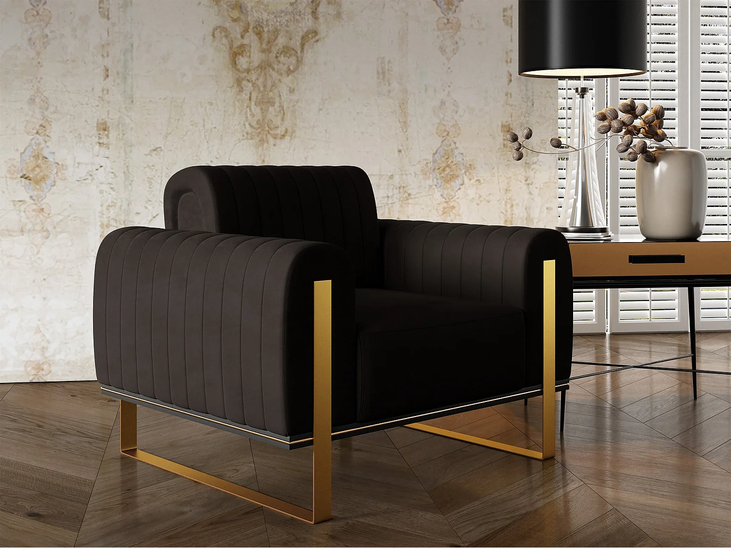 Fauteuil - 106 cm - velours Noir pieds dorés - Parissa