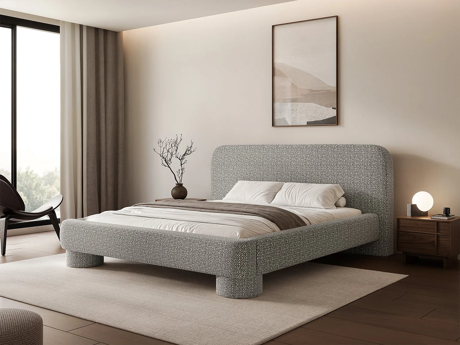 Lit rembourré avec coffre - 160x200 cm - tissu tressé Gris - Fredo