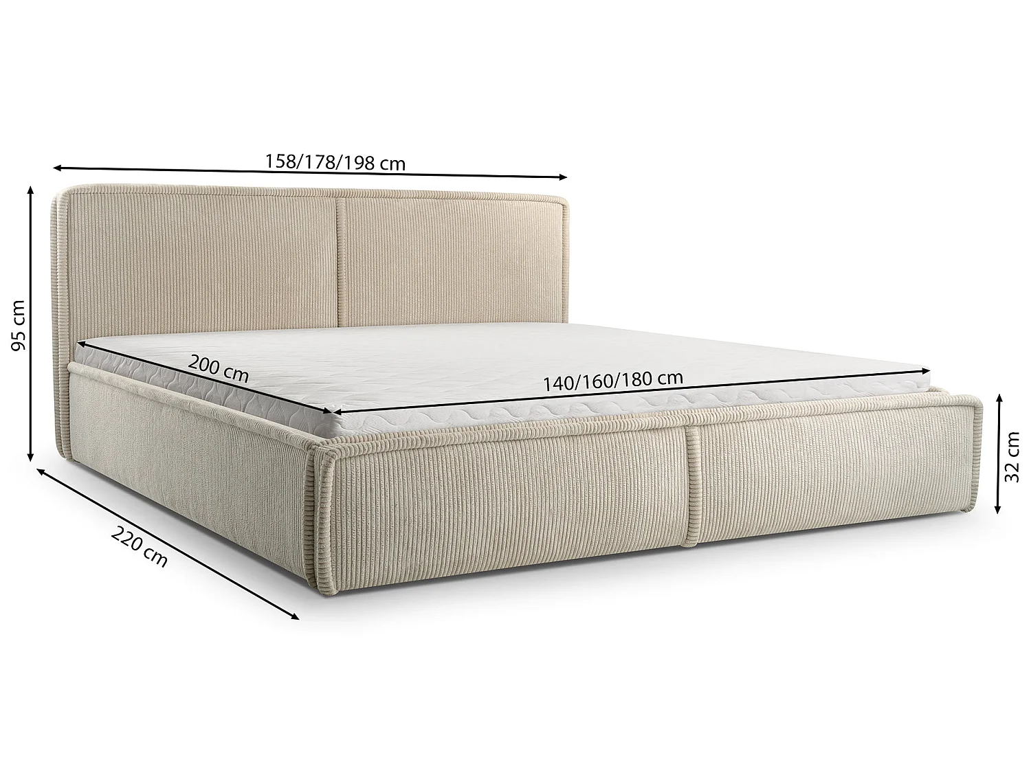 Gestoffeerd bed Cordo met opbergruimte, lichtgrijze ribstof, 180x200cm