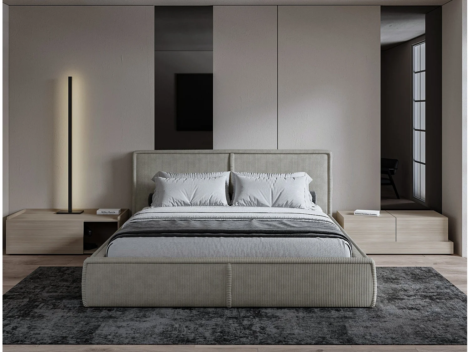 Lit rembourré avec coffre et sommier en bois - 160x200 cm - velours côtelé beige - CORDO