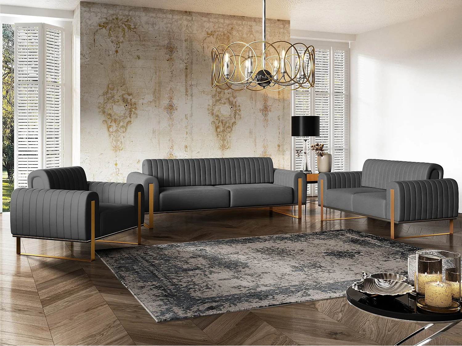 Fauteuil - 106 cm - velours Gris pieds dorés - Parissa