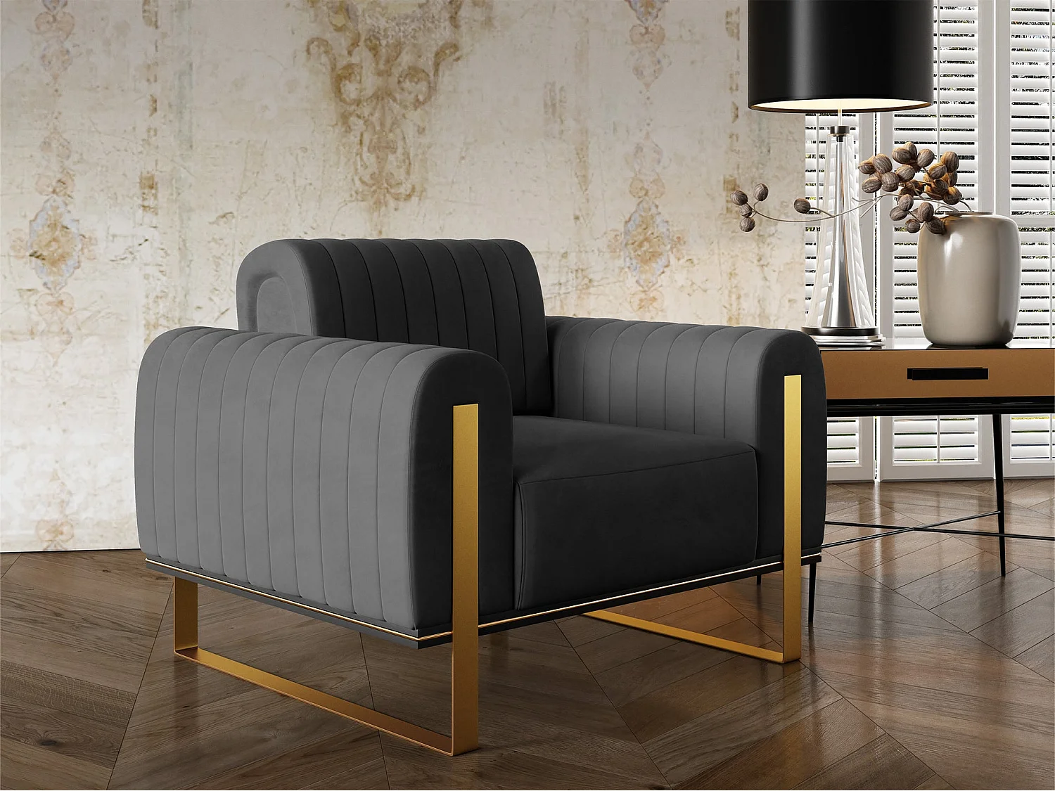 Fauteuil - 106 cm - velours Gris pieds dorés - Parissa