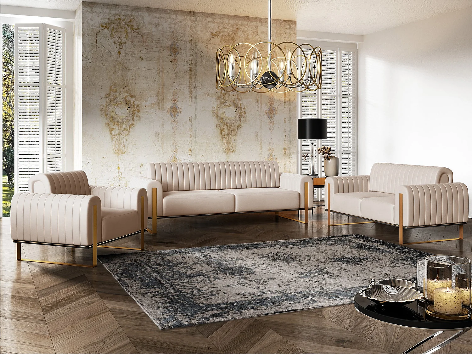 Fauteuil - 106 cm - velours Beige clair pieds dorés - Parissa