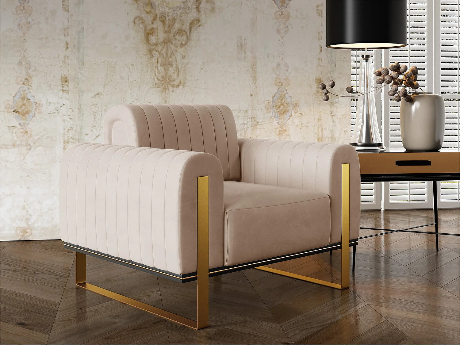 Fauteuil - 106 cm - velours Beige clair pieds dorés - Parissa