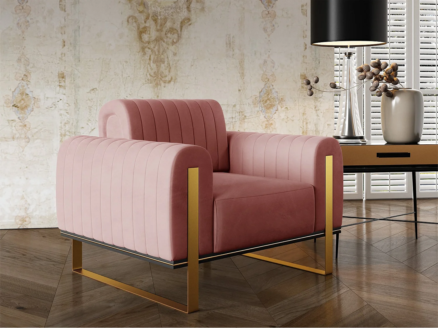 Fauteuil - 106 cm - velours rose pieds dorés - Parissa
