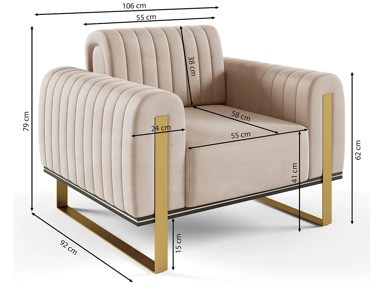 Fauteuil - 106 cm - velours rose pieds dorés - Parissa