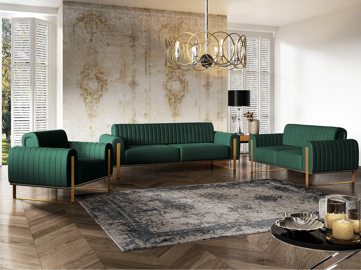 Fauteuil, velours groen gouden poten, 106 cm – Parissa