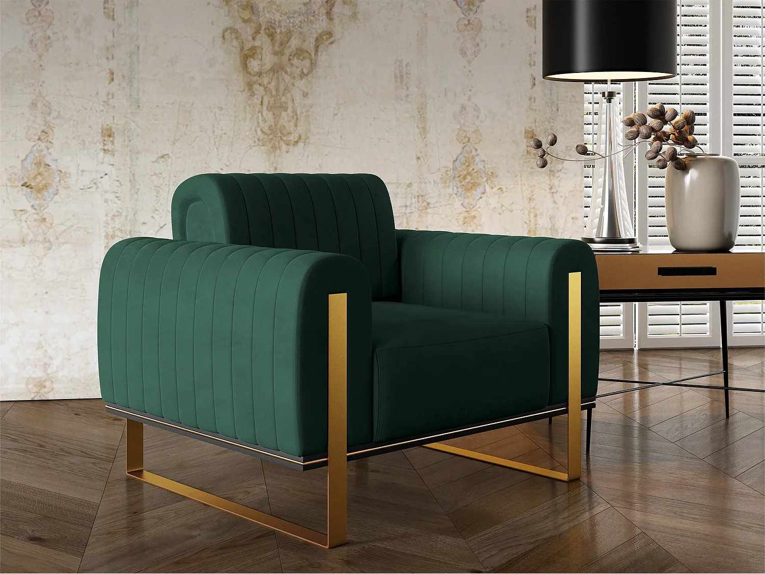 Fauteuil, velours groen gouden poten, 106 cm – Parissa
