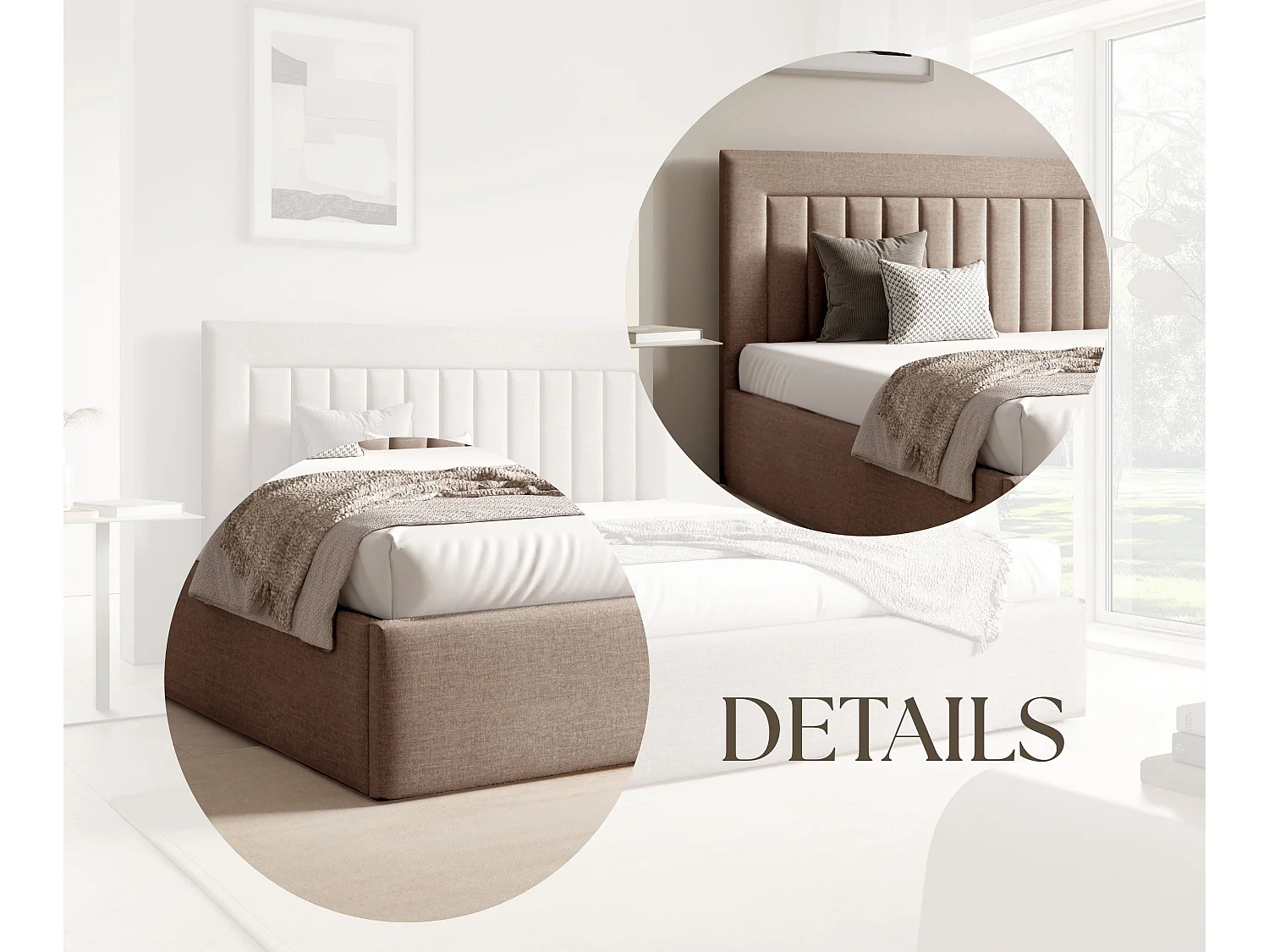 FURNISTAR Gestoffeerd bed BEA I met opbergruimte 180x200 |Tweepersoonsbed met opbergruimte|Lattenbodem|Boxspring-look|zonder matras - Donkerbeige