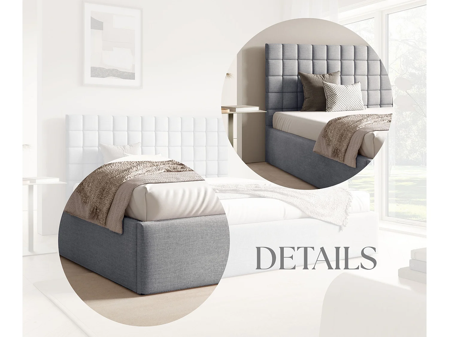 FURNISTAR Lit rembourré BEA III avec coffre de rangement 160x200 |Lit double avec rangement|Sommier à lattes|Aspect lit boxspring|sans matelas - Gris clair