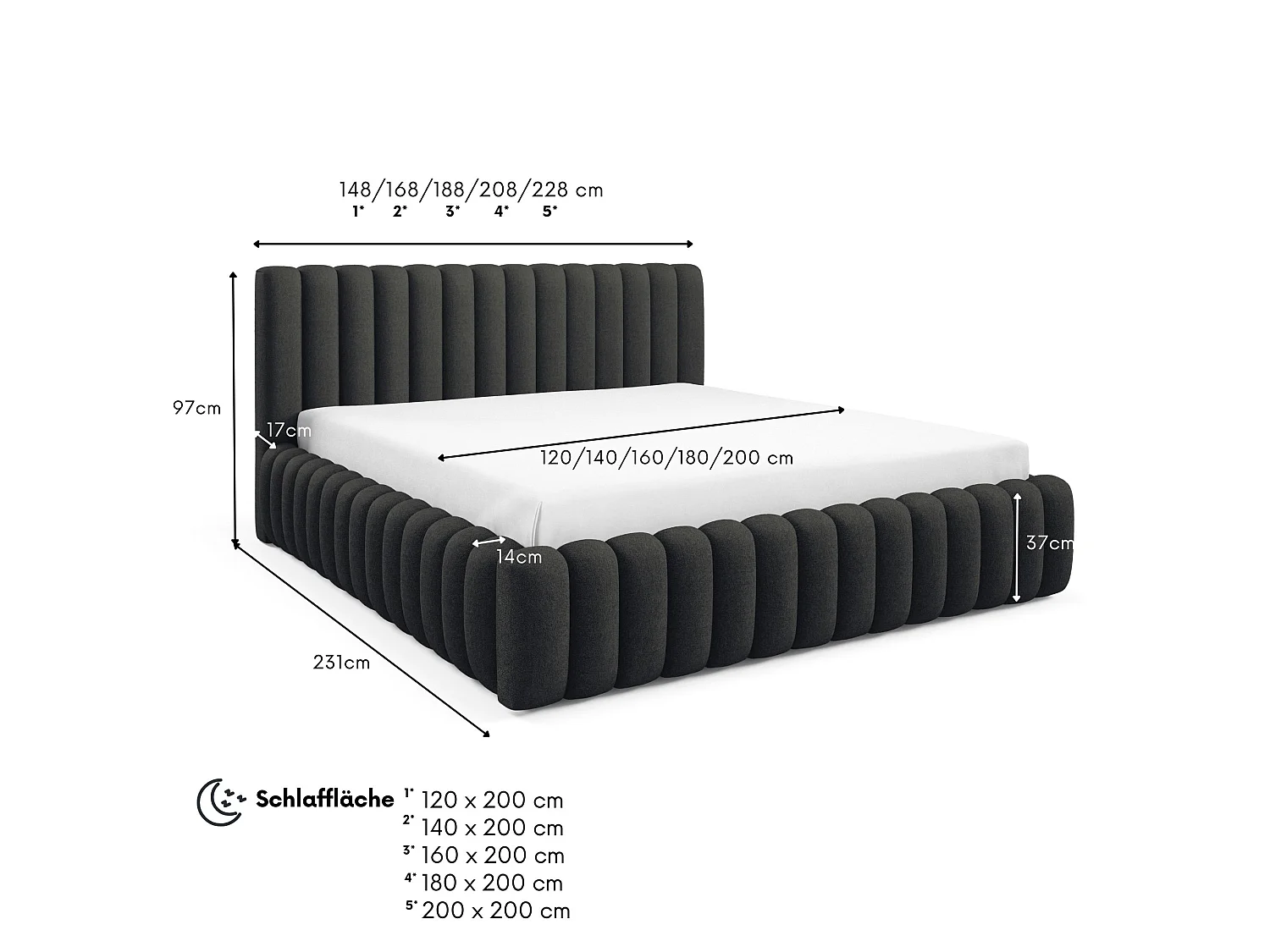 FURNISTAR Lit rembourré BLIVIO 160x200 cm|avec coffre de rangement|Sommier à lattes|Lit double|Aspect lit boxspring-Noir