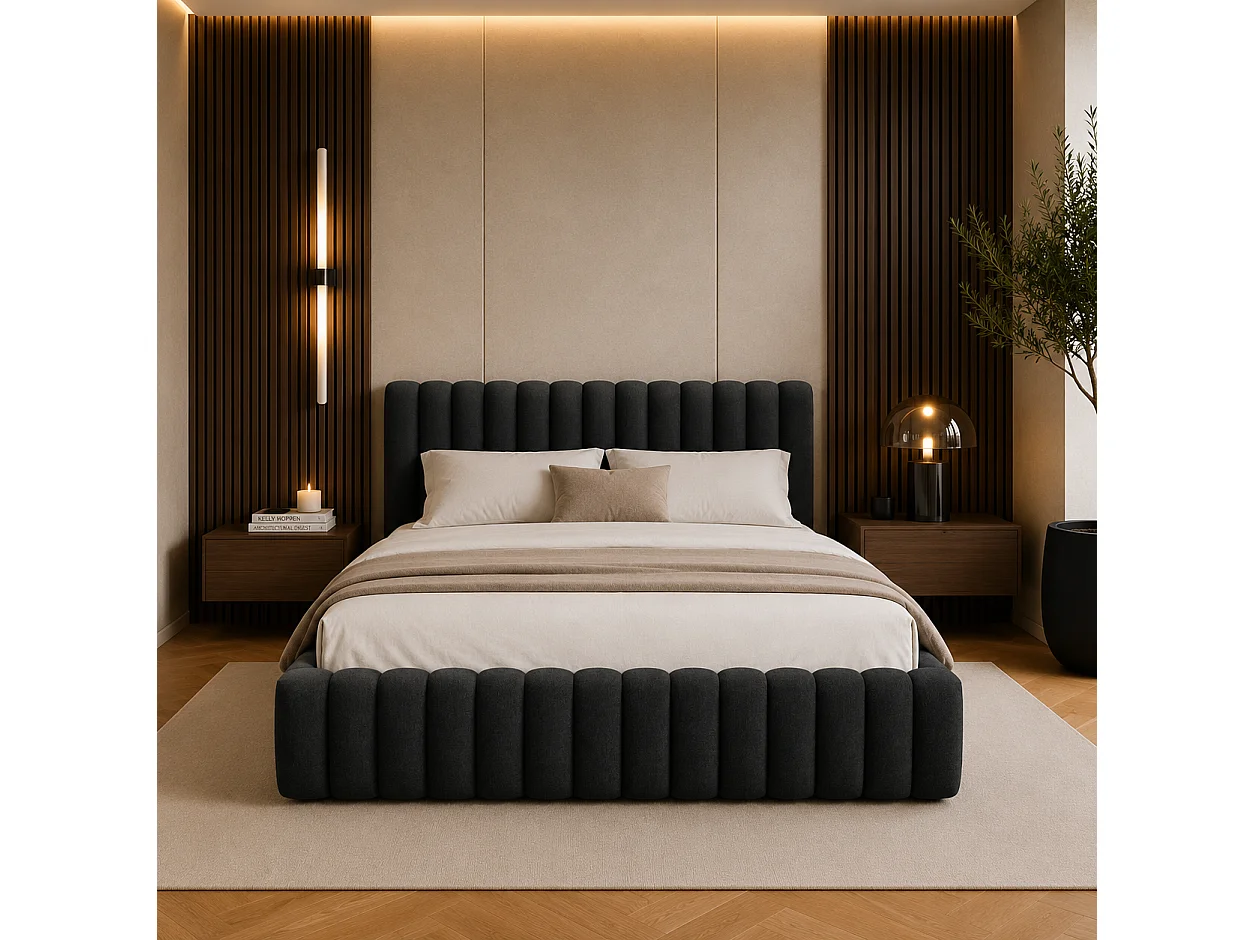 FURNISTAR Lit rembourré BLIVIO 160x200 cm|avec coffre de rangement|Sommier à lattes|Lit double|Aspect lit boxspring-Noir