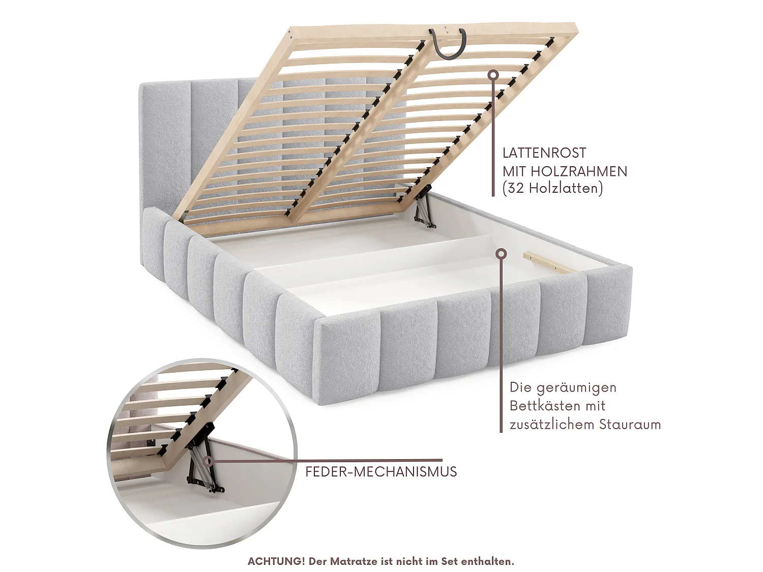 FURNISTAR Łóżko tapicerowane LINO z pojemnikiem na pościel 160x200|Łóżko dwuosobowe|Stelaż|Wygląd łóżka kontynentalnego|bez materaca-Szary