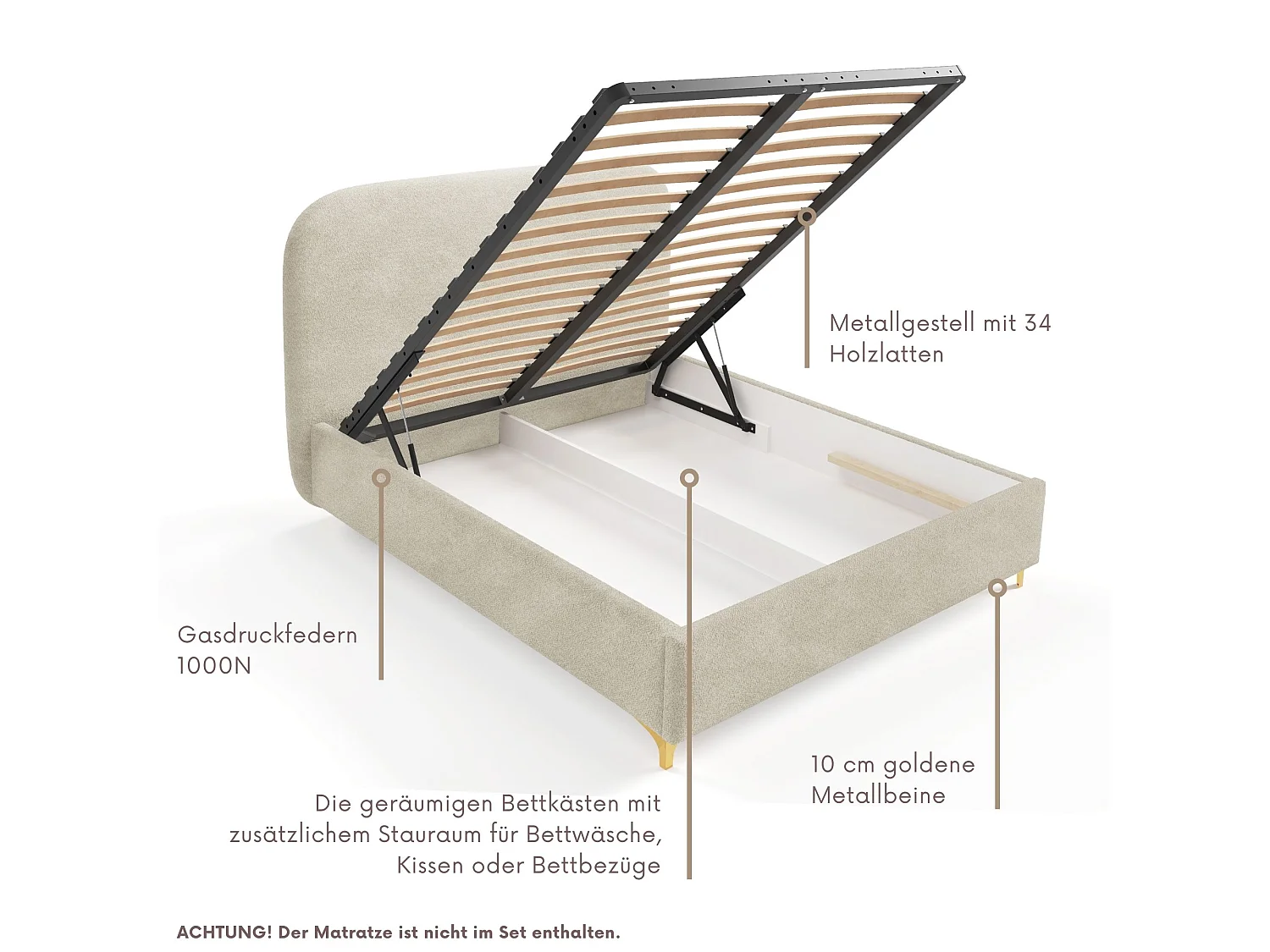 Gestoffeerd bed LANA met opbergruimte, bed 180x200|Tweepersoonsbed|Lattenbodem|Boxspring-look|zonder matras|Slaapkamer-Beige