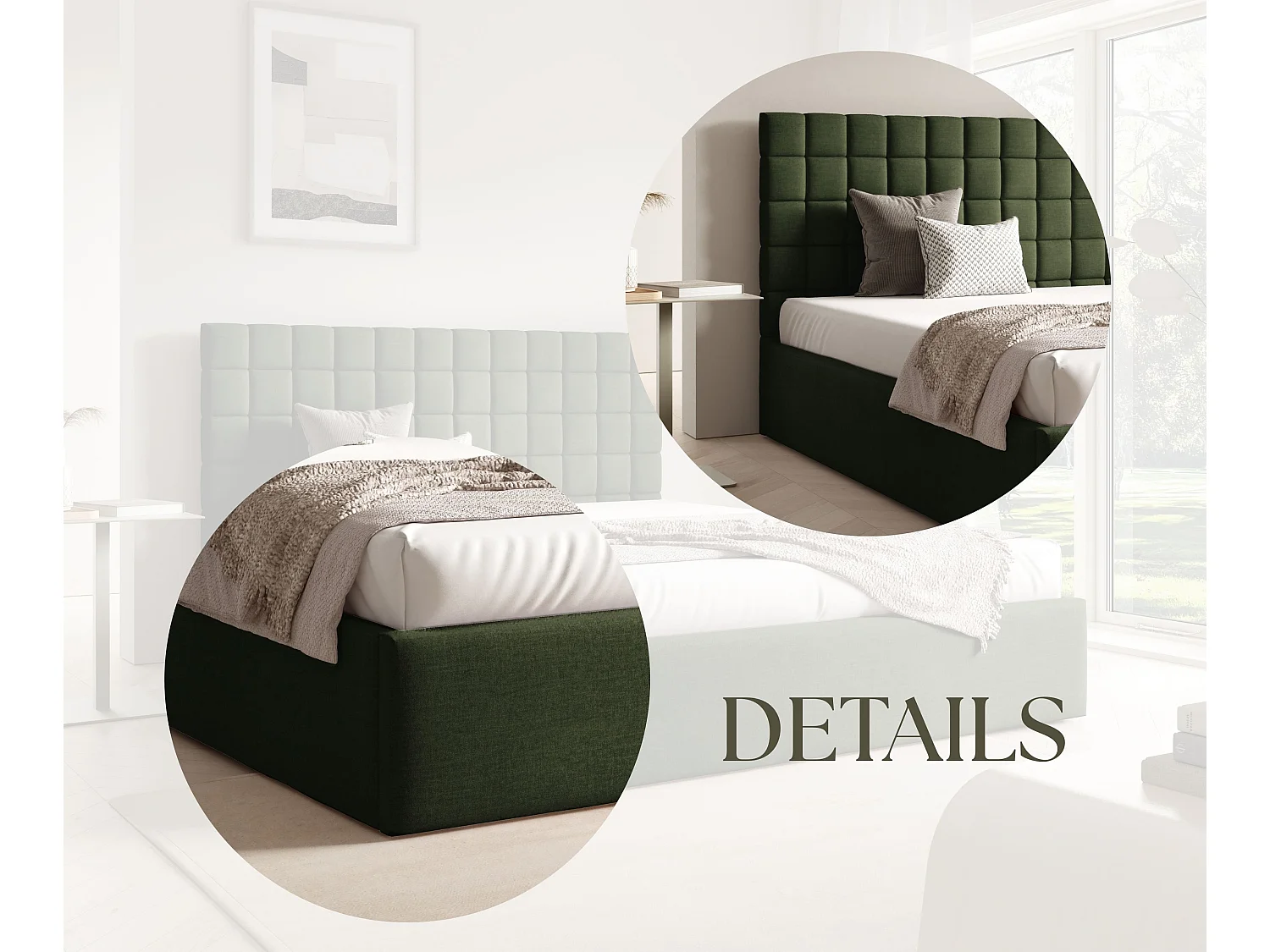 FURNISTAR Lit rembourré BEA III avec coffre de rangement 160x200 |Lit double avec rangement|Sommier à lattes|Aspect lit boxspring|sans matelas - Vert foncé
