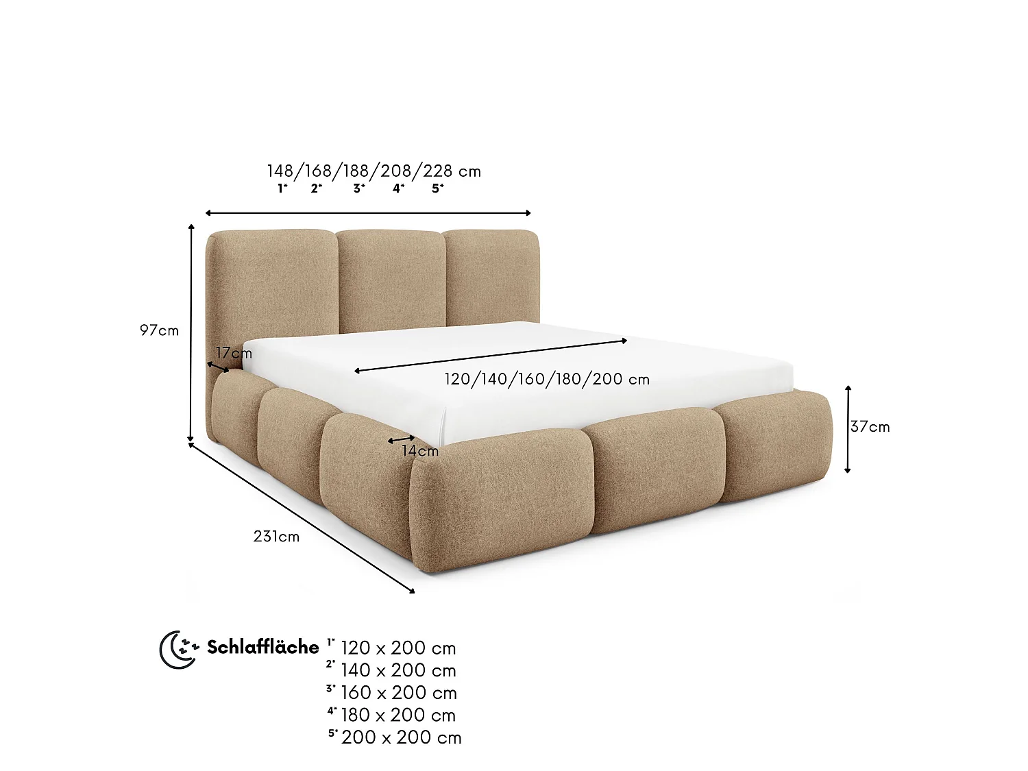 FURNISTAR Lit rembourré BOVA 180x200 cm avec coffre de rangement|Sommier à lattes|Lit double|Aspect lit boxspring-Crème