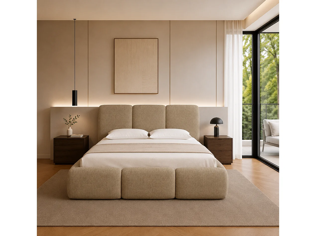 FURNISTAR Lit rembourré BOVA 180x200 cm avec coffre de rangement|Sommier à lattes|Lit double|Aspect lit boxspring-Crème