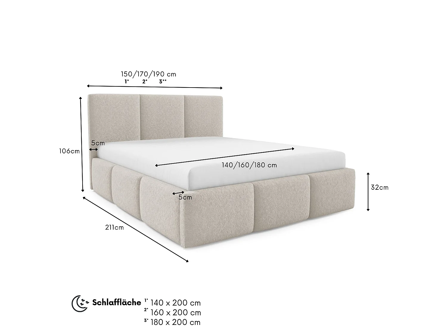 Gestoffeerd bed VALERIO met opbergruimte, bed 140x200|Tweepersoonsbed|Lattenbodem|Boxspring-look|zonder matras|Slaapkamer-Beige