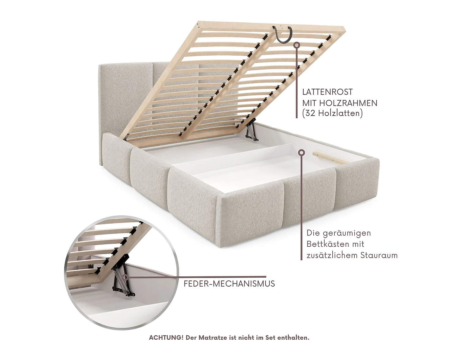 Gestoffeerd bed VALERIO met opbergruimte, bed 140x200|Tweepersoonsbed|Lattenbodem|Boxspring-look|zonder matras|Slaapkamer-Beige