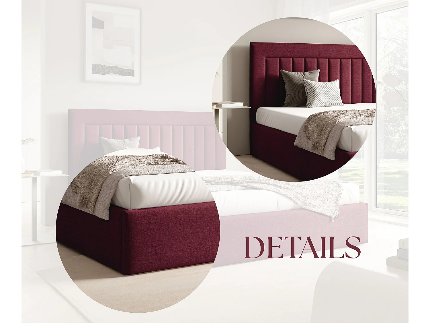 FURNISTAR Gestoffeerd bed BEA I met opbergruimte 160x200 |Tweepersoonsbed met opbergruimte|Lattenbodem|Boxspring-look|zonder matras - Wijnrood