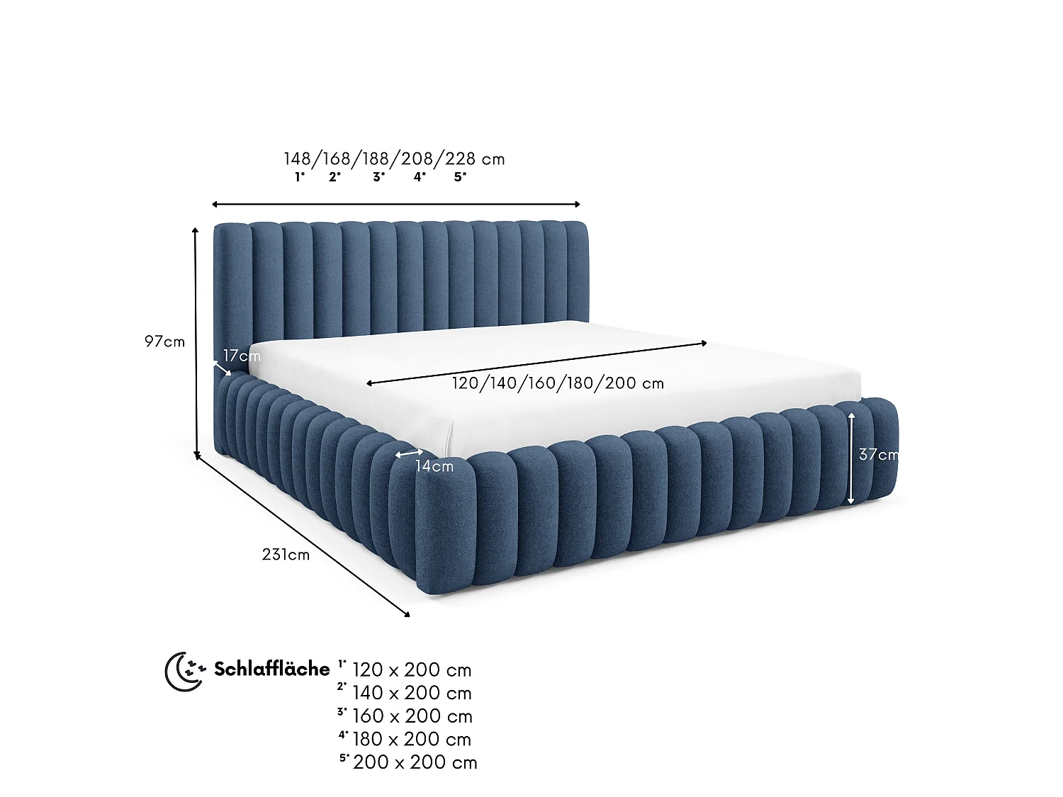 FURNISTAR Lit rembourré BLIVIO 160x200 cm|avec coffre de rangement|Sommier à lattes|Lit double|Aspect lit boxspring-Bleu
