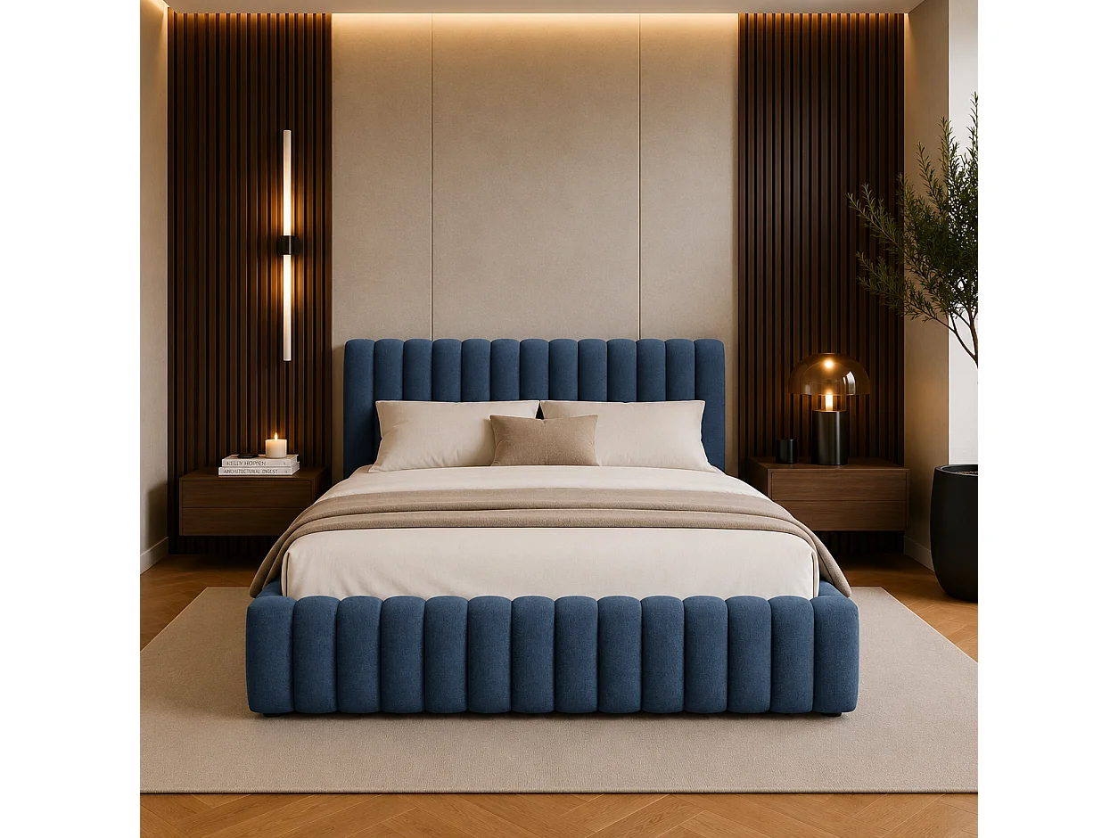 FURNISTAR Lit rembourré BLIVIO 160x200 cm|avec coffre de rangement|Sommier à lattes|Lit double|Aspect lit boxspring-Bleu