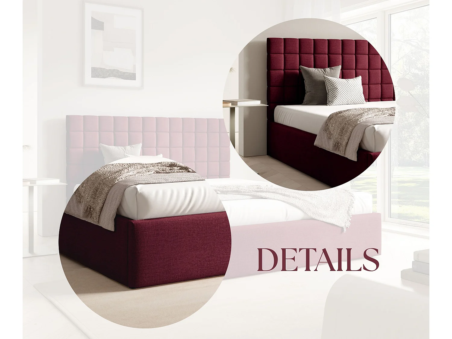 FURNISTAR Lit rembourré BEA III avec coffre de rangement 160x200 |Lit double avec rangement|Sommier à lattes|Aspect lit boxspring|sans matelas - Bordeaux