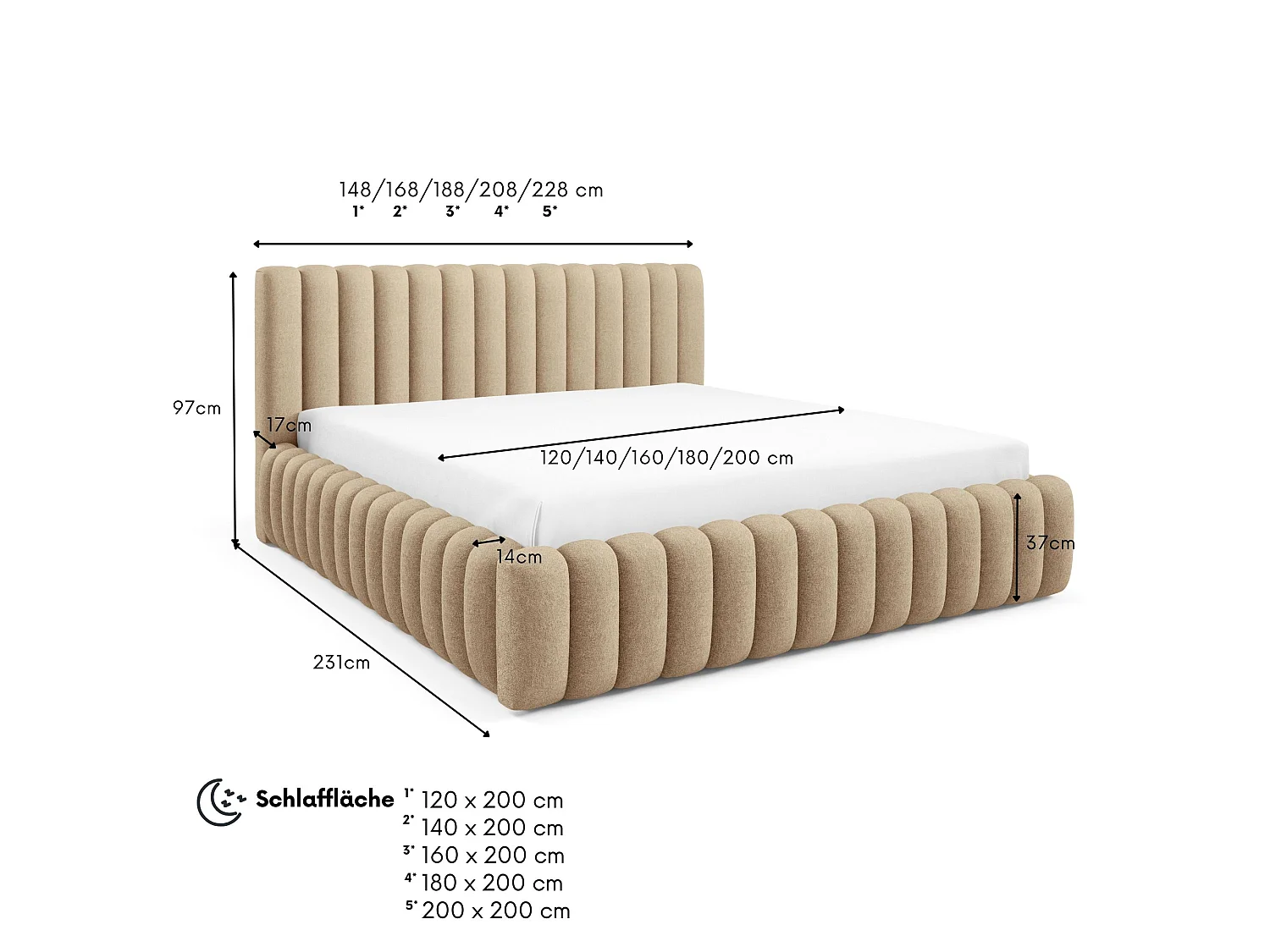 FURNISTAR Lit rembourré BLIVIO 160x200 cm|avec coffre de rangement|Sommier à lattes|Lit double|Aspect lit boxspring-Cappuccino