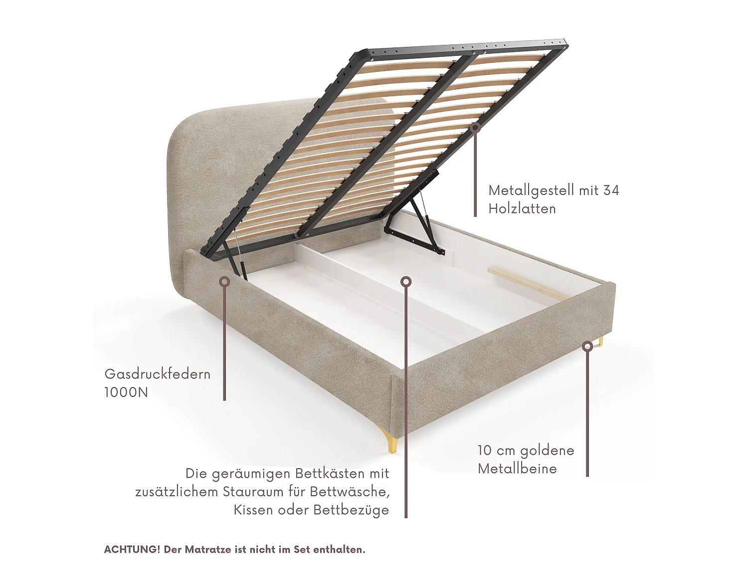 Gestoffeerd bed LANA met opbergruimte 140x200|Tweepersoonsbed|Lattenbodem|Boxspring-look|zonder matras|Slaapkamer-Taupe