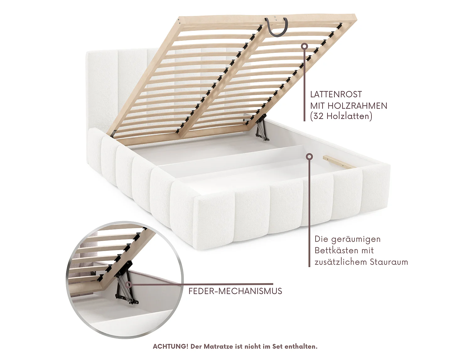 FURNISTAR Łóżko tapicerowane LINO z pojemnikiem na pościel 180x200|Łóżko dwuosobowe|Stelaż|Wygląd łóżka kontynentalnego|bez materaca-Biały