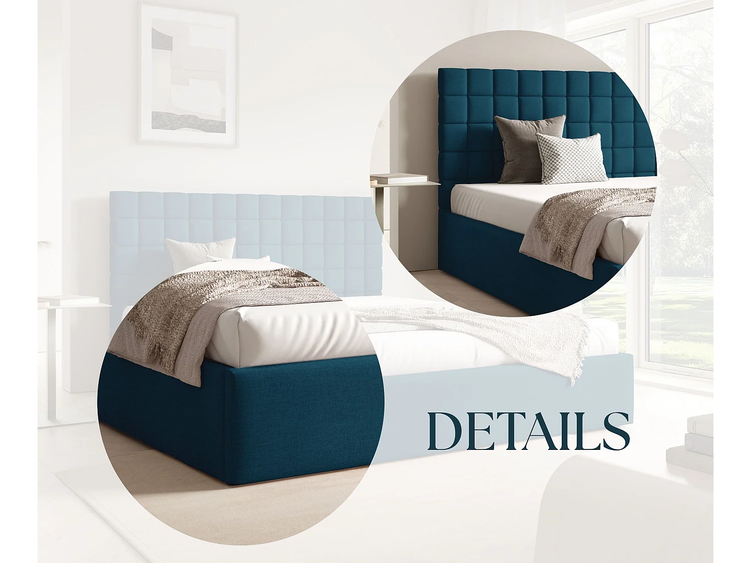 FURNISTAR Lit rembourré BEA III avec coffre de rangement 160x200 |Lit double avec rangement|Sommier à lattes|Aspect lit boxspring|sans matelas - Bleu marine