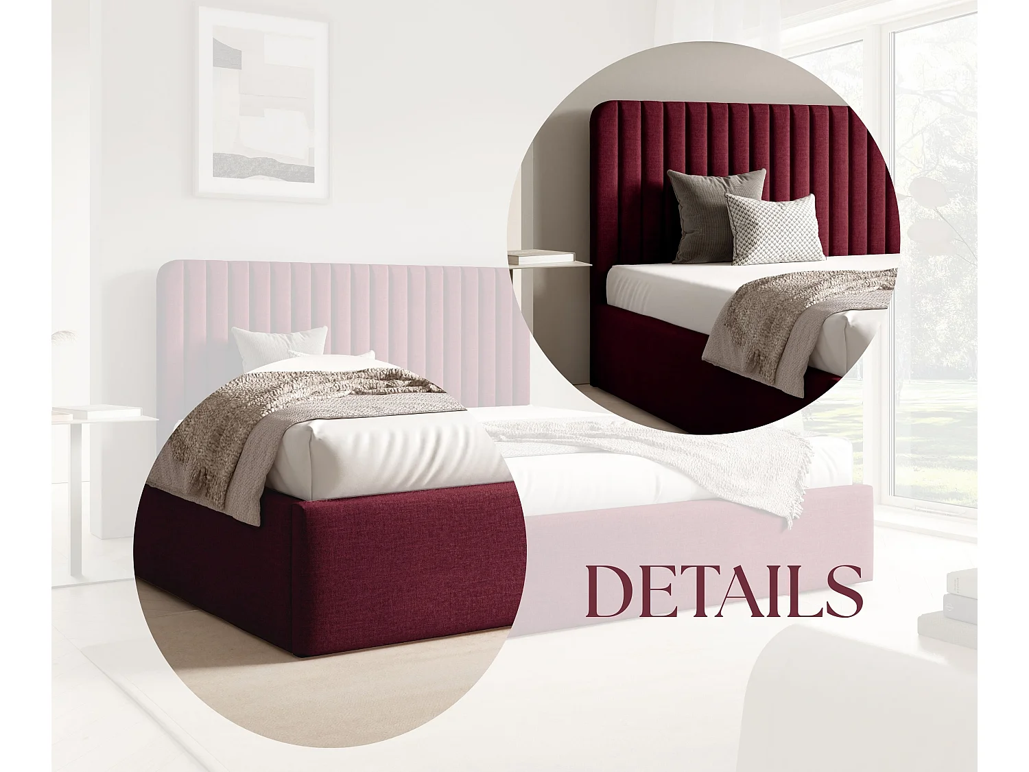 FURNISTAR Lit rembourré BEA II avec coffre de rangement 160x200 |Lit double avec rangement|Sommier à lattes|Aspect lit boxspring|sans matelas - Bordeaux