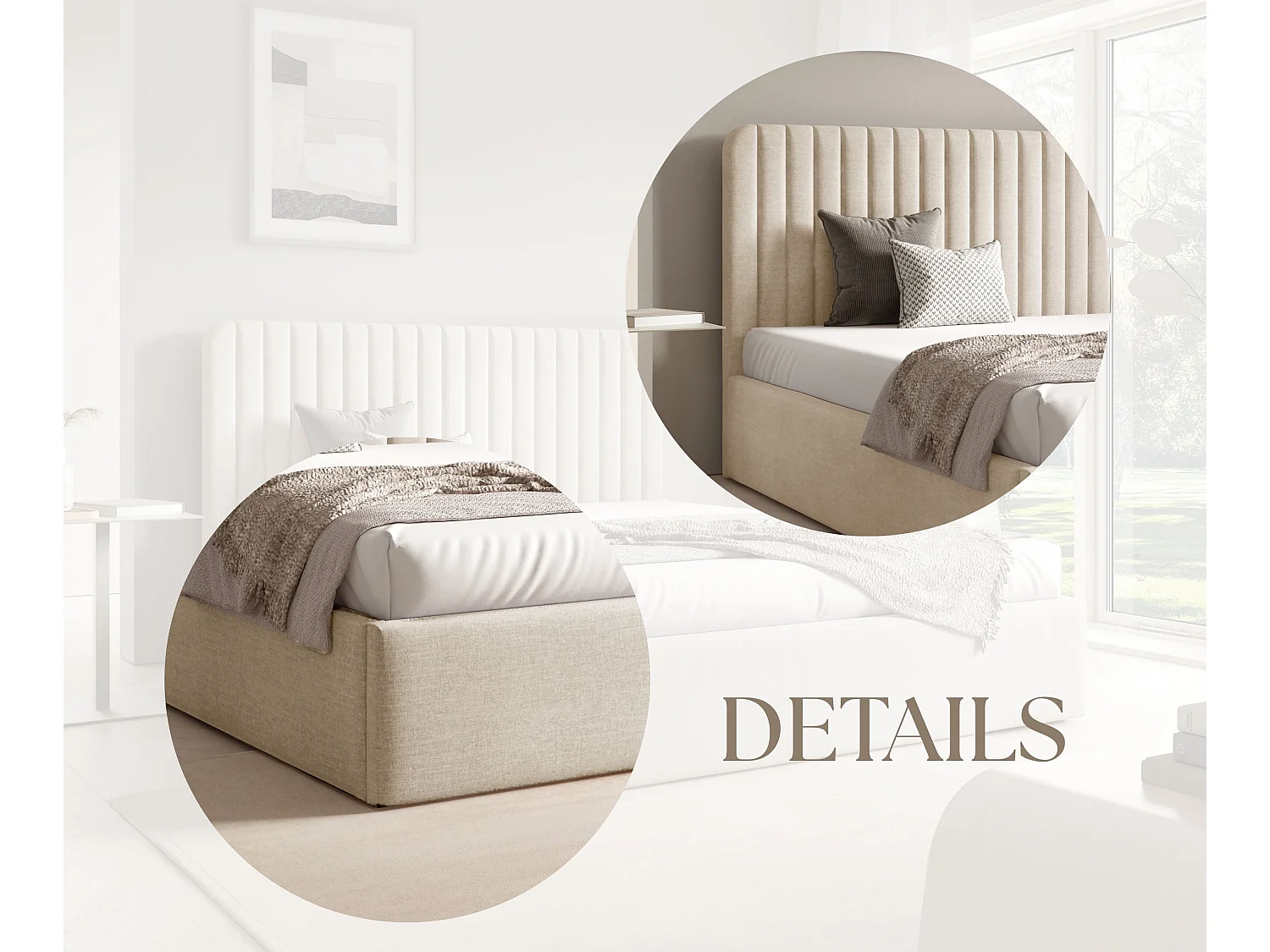 FURNISTAR Lit rembourré BEA II avec coffre de rangement 160x200 |Lit double avec rangement|Sommier à lattes|Aspect lit boxspring|sans matelas - Crème