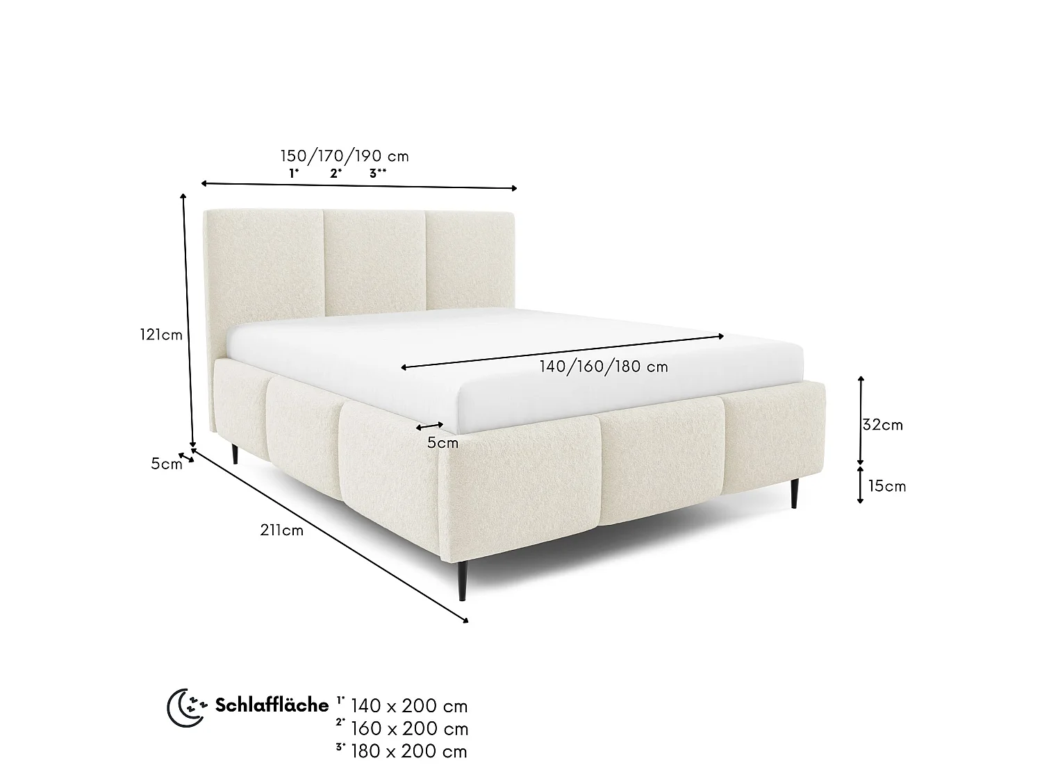Gestoffeerd bed VALERIO met poten en opbergruimte, bed 180x200|Tweepersoonsbed|Lattenbodem|Boxspring-look|zonder matras|Slaapkamer-Crème