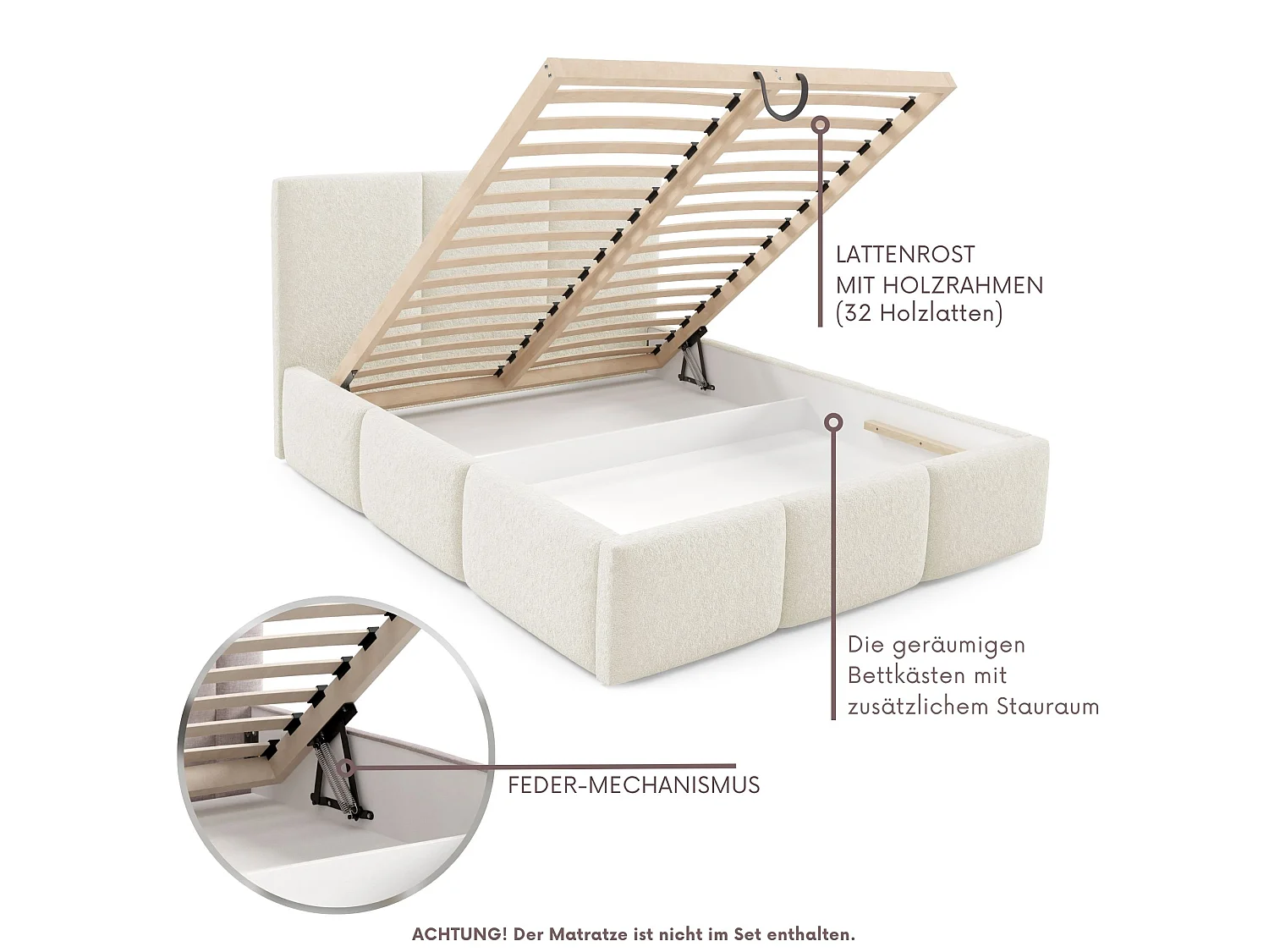 Lit rembourré VALERIO avec coffre de rangement 180x200|Lit double|Sommier à lattes|Aspect lit boxspring|sans matelas|Chambre-Crème