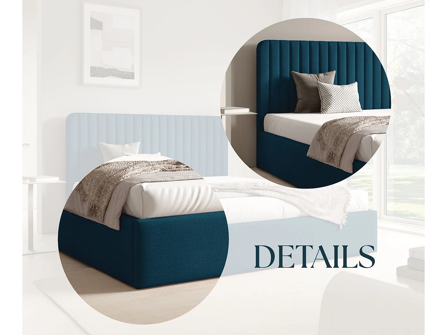 FURNISTAR Lit rembourré BEA II avec coffre de rangement 180x200 |Lit double avec rangement|Sommier à lattes|Aspect lit boxspring|sans matelas - Bleu marine