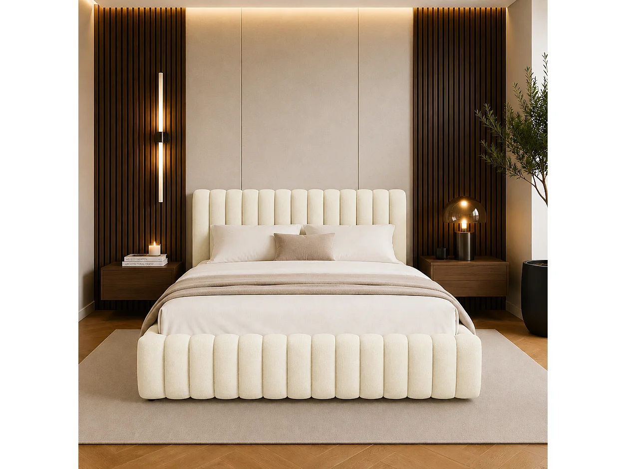 FURNISTAR Gestoffeerd bed BLIVIO 160x200 cm|met opbergruimte|Lattenbodem|Tweepersoonsbed|Boxspring-look-Crème