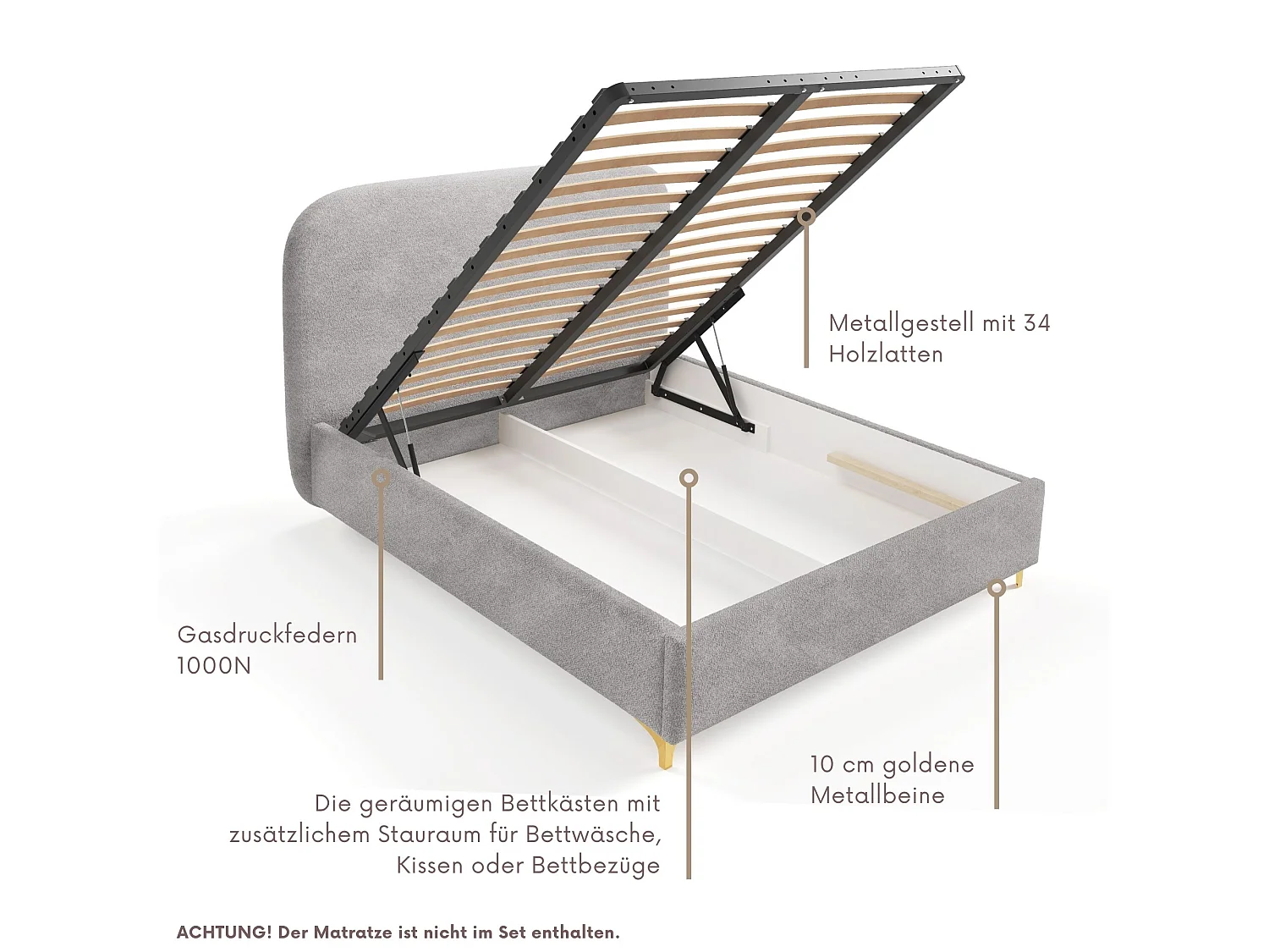 Gestoffeerd bed LANA met opbergruimte 120x200|Tweepersoonsbed|Lattenbodem|Boxspring-look|zonder matras|Slaapkamer-Grijs