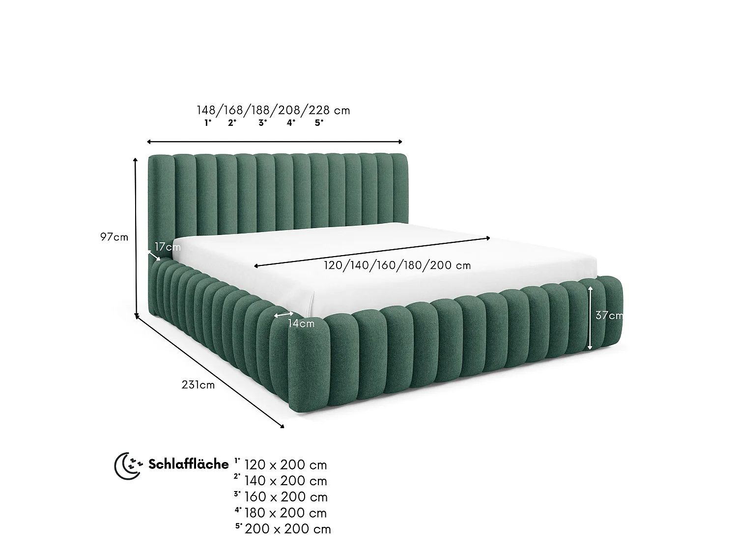 FURNISTAR Gestoffeerd bed BLIVIO 180x200 cm|met opbergruimte|Lattenbodem|Tweepersoonsbed|Boxspring-look-Groen