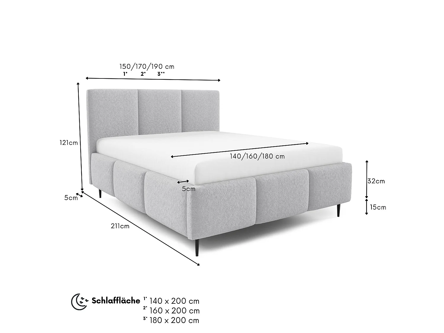 Lit rembourré VALERIO avec pieds et coffre de rangement 180x200|Lit double|Sommier à lattes|Aspect lit boxspring|sans matelas|Chambre-Gris