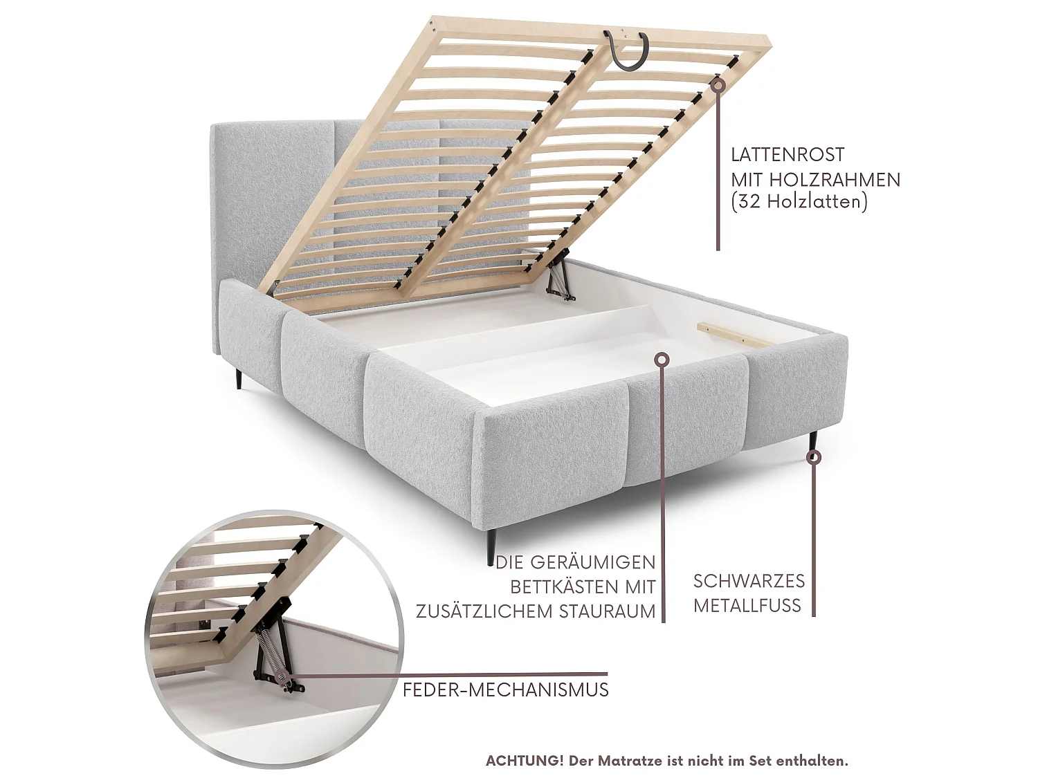 Lit rembourré VALERIO avec pieds et coffre de rangement 180x200|Lit double|Sommier à lattes|Aspect lit boxspring|sans matelas|Chambre-Gris
