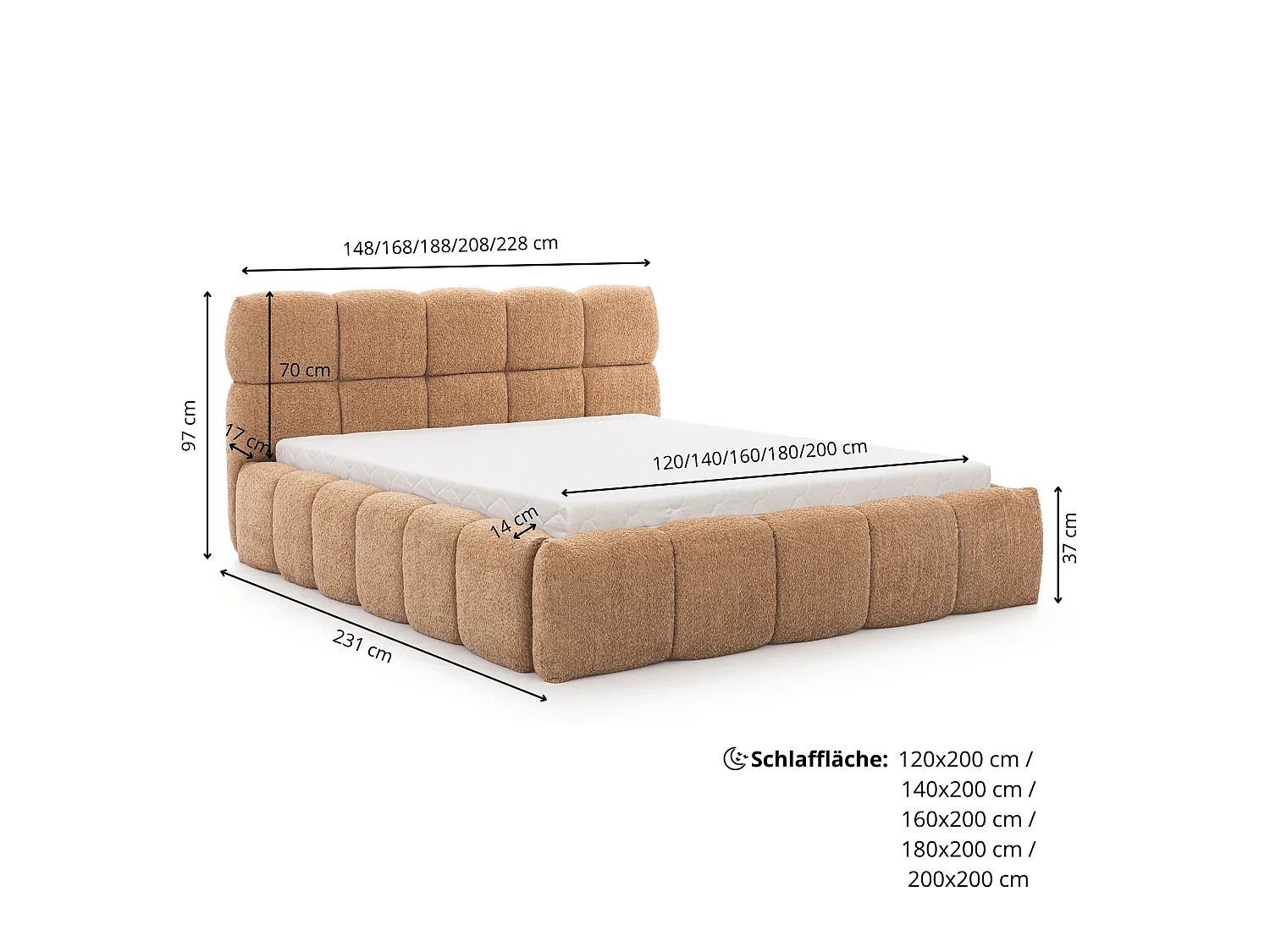 FURNISTAR Gestoffeerd bed SOFIA 180x200 met opbergruimte|Bubble|Tweepersoonsbed|Lattenbodem|Boxspring-look|zonder matras-Grijs