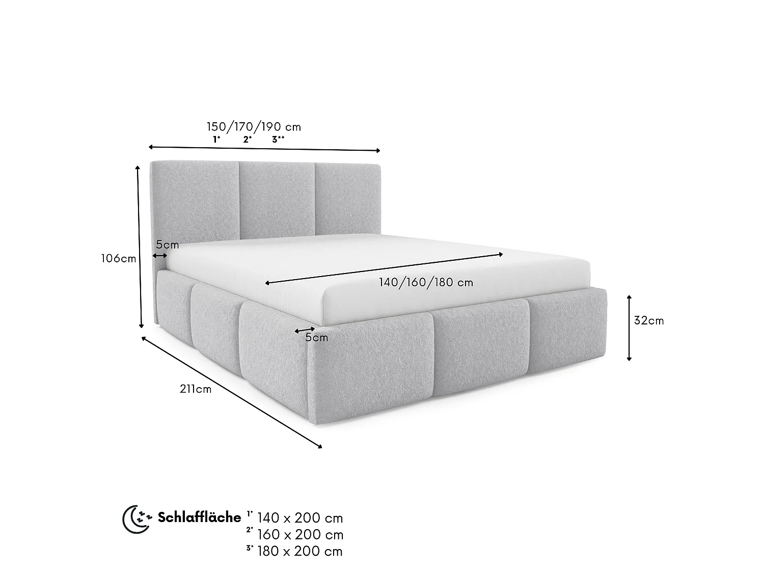 Lit rembourré VALERIO avec coffre de rangement 160x200|Lit double|Sommier à lattes|Aspect lit boxspring|sans matelas|Chambre-Gris