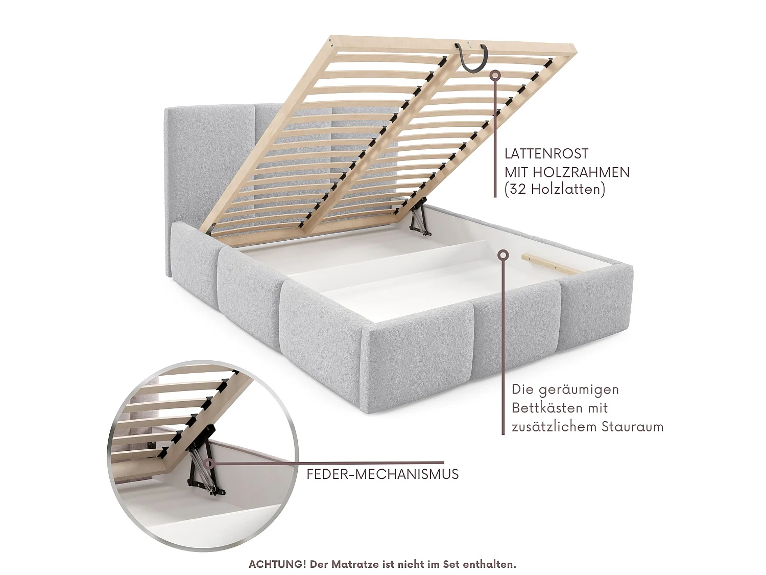 Lit rembourré VALERIO avec coffre de rangement 160x200|Lit double|Sommier à lattes|Aspect lit boxspring|sans matelas|Chambre-Gris